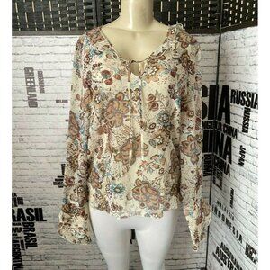 Casual Corner 12 Silk Beige Floral Tie Neckline Long Sleeve Top